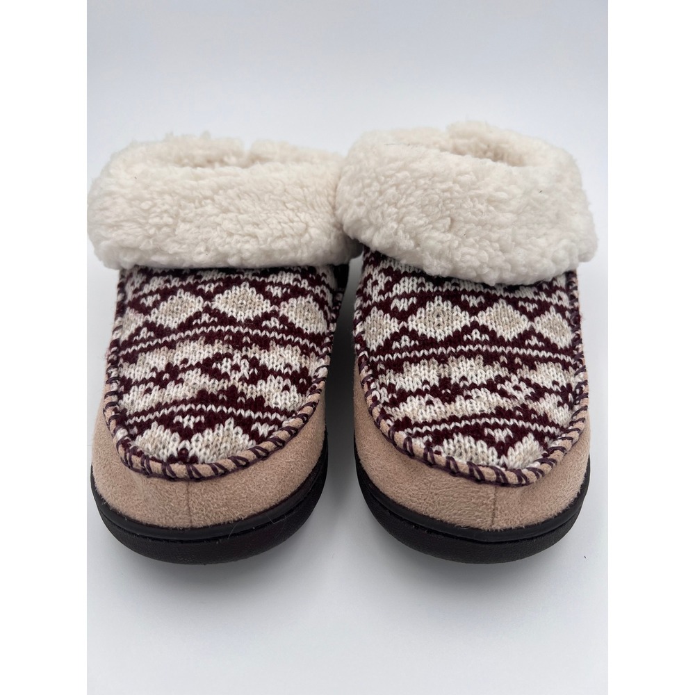 Muk Luks Womens Nordic Fair Isle Knit Moccasin Slippers Burgundy Tan Medium 7-8